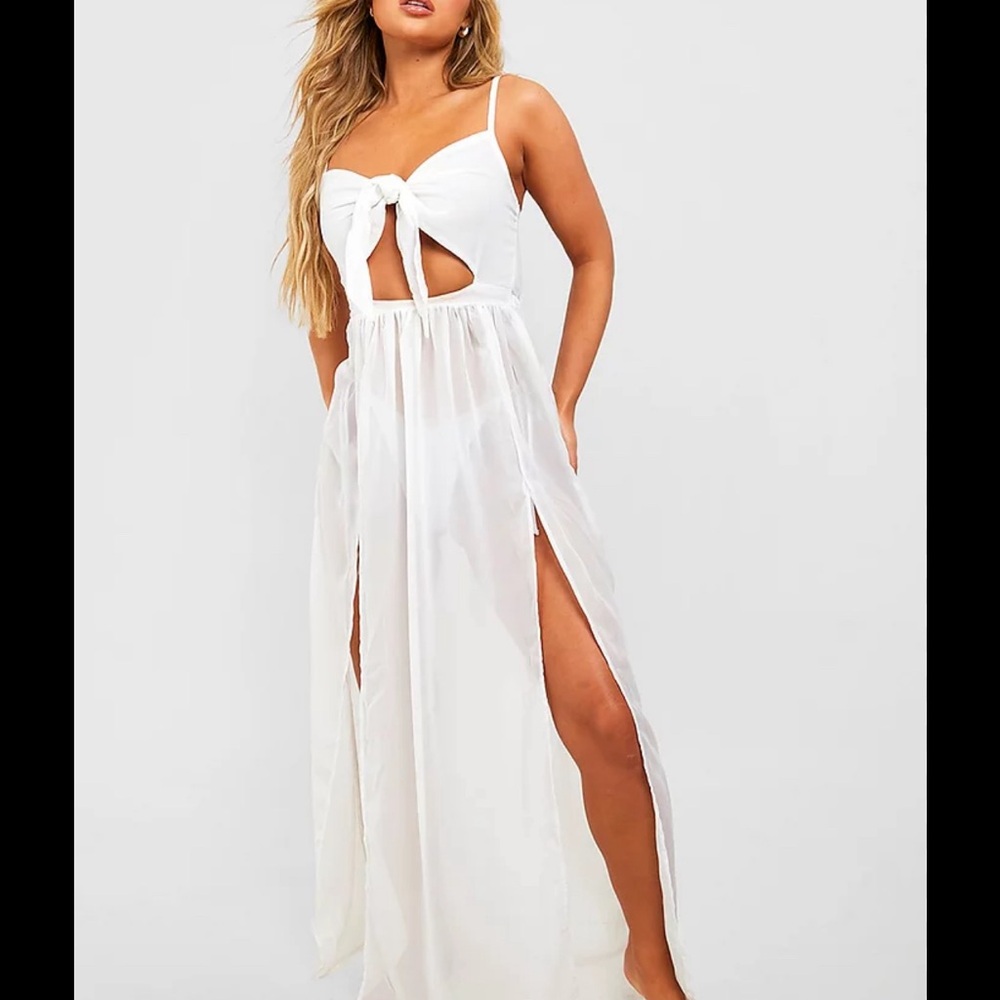 Boohoo White Tie Front Swim Coverup Maxi‎ Dress Slits Large NWT